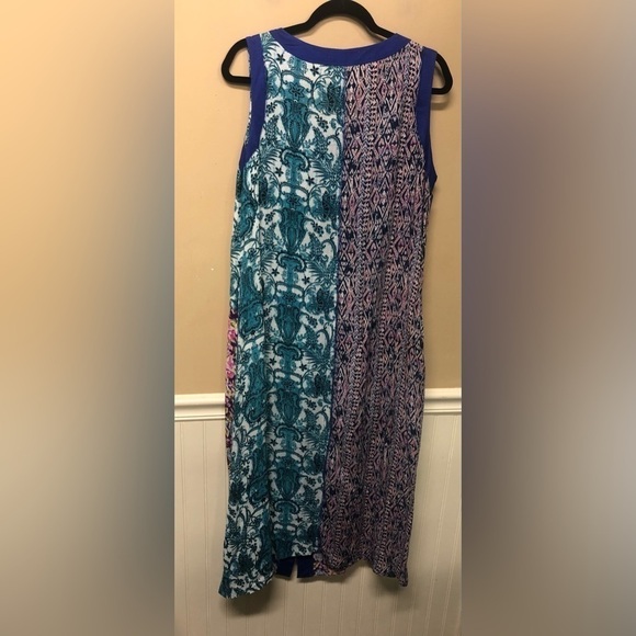 LA CERA RAYON BUTTON FRONT PATCHWORK BOHO MIDI DRESS Art to Wear SZ M Pockets - Picture 2 of 6